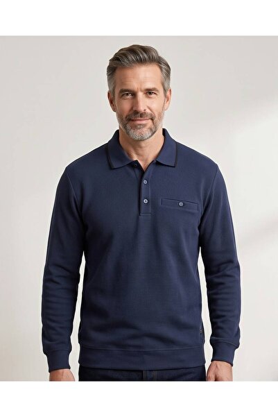 Erkek Polo Yaka Baba Cepli Pamuklu Regular Fit Klasik Kesim Pıtırcık Desenli Kışlık Selanik Sweatshirt