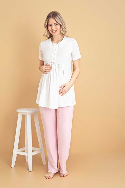 LORIAN'S Natural Cotton Pink Short Sleeve Maternity Pajama Set 3-Piece Set - ...