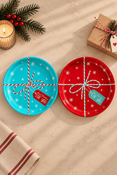 Sarkap Home 26 Cm Yılbaşı Best Wishes Kırmızı & Mint 2'li Meyve Tabağı Seti