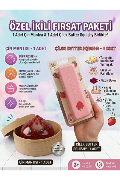 vittuc Dev Boy Renk Seçenekli Simli Çin Mantısı Squishy + Çilek Kokulu Butter...