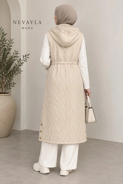 Nevayla Moda Mevsimlik Kapüşonlu Yelek - Bej / M117