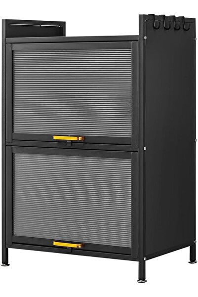 Lawazim Iron Cabinet 2 Layers, Black - Vertical Metal Storage Cabinet with Ri...