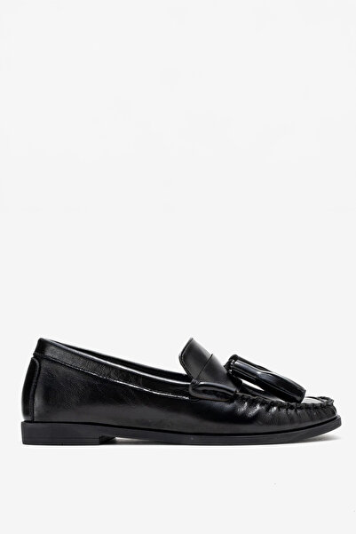 Dericlub Women's tassel detailed loafer shoes real leather miren black