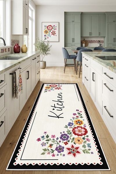 West Home Makinede Yıkanabilir Kaymaz Taban Leke Tutmaz Dijital Mutfak Halısı