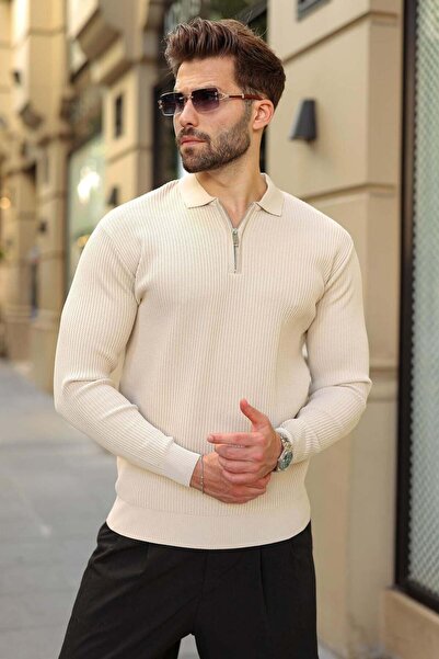 Madmext Stone Color Polo Collar Half Zipper Textured Men's Knitwear Sweater E...