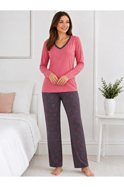 Serena Pijama de Damă, Decolteu cu Dantelă și Pantalon Gri cu Imprimeu cu Ini...