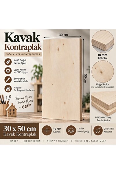 Kavak Kontraplak 10 mm 30x50 cm – Ahşap Plaka, Hobi ve CNC Kesime Uygun