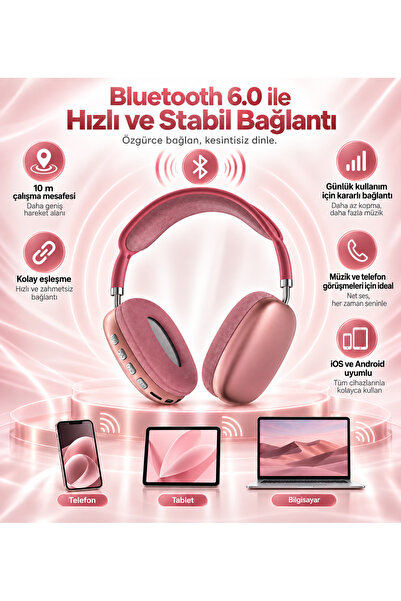 Hil Tech Eminönü Toptan Elektronik Bluetooth 6.0 Kablosuz Kulak Üstü Kulaklık Mikrofonlu 40mm Sürücü TF Kart Destekli iOS Android Uyumlu