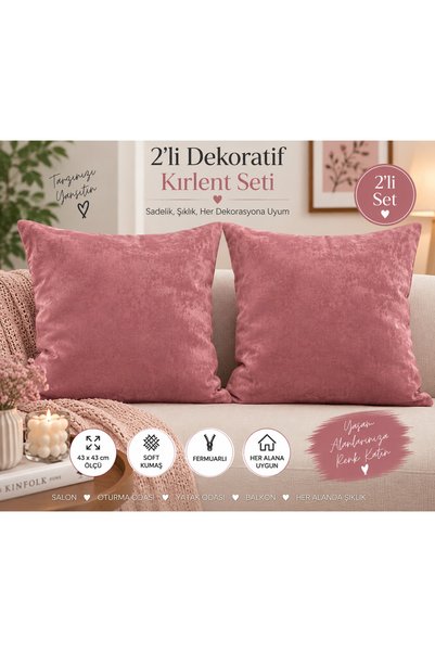 suzaneli Gül Kurusu Soft Dokulu 2’li Dekoratif Kırlent Kılıfı – 43x43 cm Ferm...