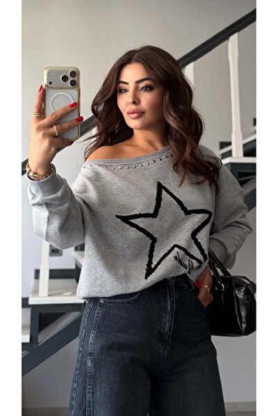 Oslove Gray boat neck studded detail sweatshirt
