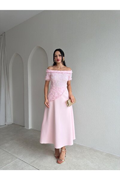 Mooi Butik WİLLMONT Midi Elbise 3600 - Pembe