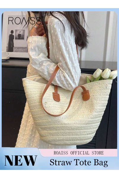 ROAISS Women's Straw Woven Shoulder Bag, Summer Beach Travel Crossbody Handba...