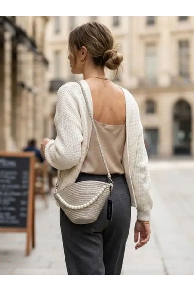 Generic Brand Pearl Detailed Knitted Women's Shoulder Bag Beige