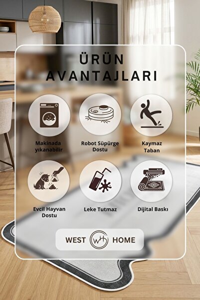 West Home Makinede Yıkanabilir Kaymaz Taban Leke Tutmaz Dijital Mutfak Halısı