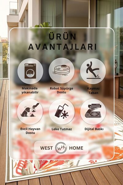 West Home Makinede Yıkanabilir Kaymaz Taban Leke Tutmaz Dijital Salon Mutfak Balkon Halısı ve Yolluk