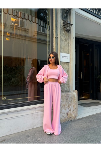 LE CARAMBOLE Women's Pink Hooded Sweat Crop Pants Three-Piece Set