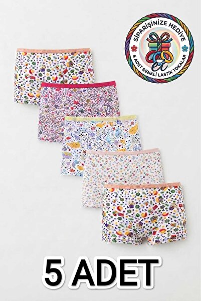 Tutku 5-Pack Girls' Mixed Patterned Cotton Lycra Boxer Shorts + 6 Special Pro...
