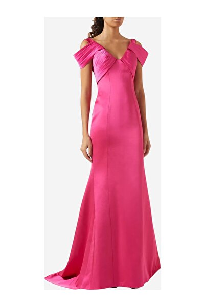 21SIX Estelle Pink Taffeta V Neck Off the Shoulder Evening Dress