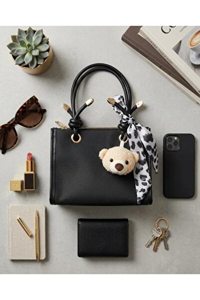 Generic Brand Black Scarf Detailed Teddy Bear Charm Accessory Knot Strap Zippered Women's Shoulder Bag