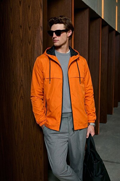 comstar Men's Casual Orange Hooded Raincoat & Windbreaker with Zipper Pockets