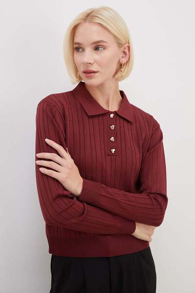 Fulla Moda Heart-Shaped Half Button Polo Collar Knit Sweater
