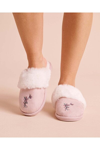 La Vie en Rose Floral Embroidered Faux Suede and Fur Slippers