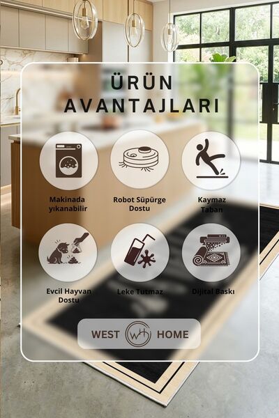 West Home Makinede Yıkanabilir Kaymaz Taban Leke Tutmaz Dijital Mutfak Halısı