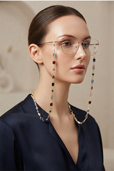 PETEK AKSESUAR Elegant Square Drop Colorful Stone Brass Eyeglass Chain