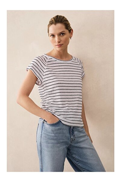 THE WHITE COMPANY تي شيرت نسائي من الكتان الأوروبي مخطط من نوع Baby Tee
