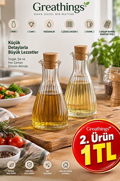 Greathings 300 ml Mini Cam Yağdanlık Çizgili Desen Ahşap Bambu Tıpalı Kulplu ...
