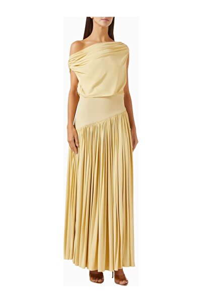 Abad Abadia Bambu Jersey Gwen Off Shoulder Dress, Yellow, Pleated Skirt, Comf...