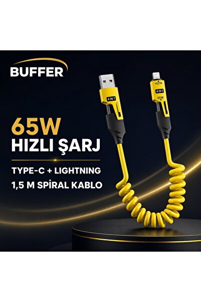 Genel Markalar 4'ü 1 Arada Esnek Spiral Hızlı Şarj Kablosu, Araç İçi Yaylı Ka...