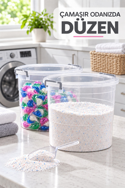 Kitchen Line Set of 2 8-Liter Gray Detergent Storage Containers with Locking Lids – Powder and Capsule Detergent Box, with Shovel as a Gift
