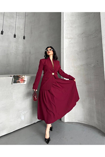 Ekim Store Bordo Gold Düğmeli Etekli İkili Blazer Takım