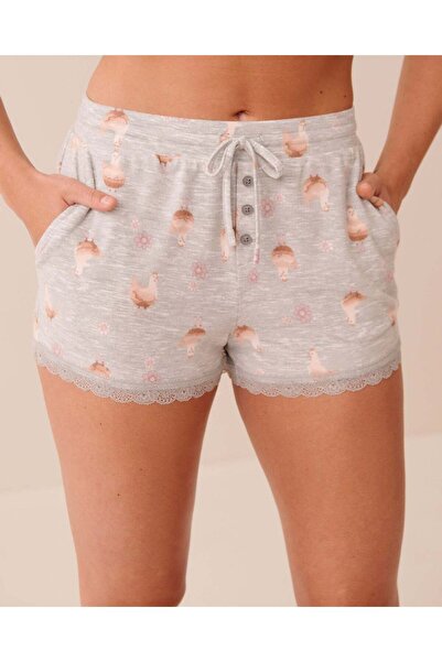 La Vie en Rose Chicken Print Lace-Trim Soft Knit Pajama Shorts