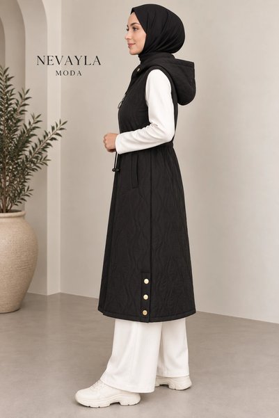 Nevayla Moda Mevsimlik Kapüşonlu Yelek - Siyah / M117