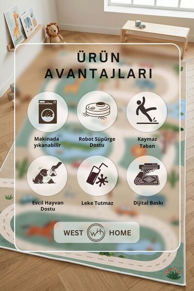 West Home Oyun halısı makinede yıkanabilir kaymaz taban leke tutmaz çocuk odası halısı