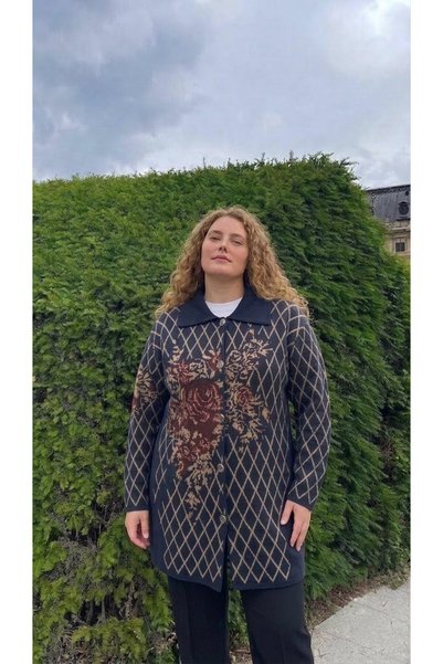onno style women BÜYÜK BEDEN EKOSE GÜL PİKE DESENLİ ÇELİK ÖRGÜ KADIN TRİKO KABAN