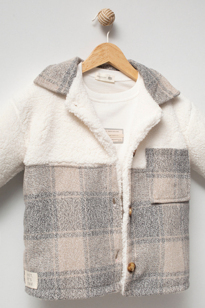Jikko Baby Boy's Plaid Detailed Plush Jacket Sweatshirt and Wide Leg Jeans 3-Piece Set 8303 Wnt