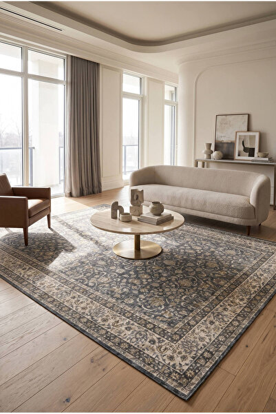 ARTLOOP İstanbul Gri Krem Çiçek Desenli Vintage Dokuma Tabanlı Şönil Halı AL 663