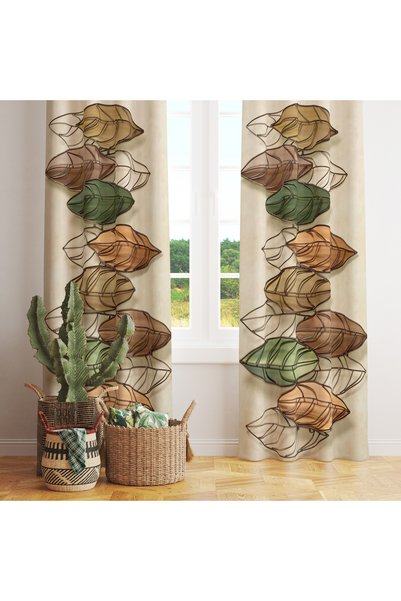 dekomingo Düzenle Beige Background Green Brown Leaf Pattern Decorative Living Room Background Curtain 140X260