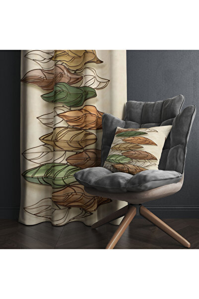dekomingo Düzenle Beige Background Green Brown Leaf Pattern Decorative Living...