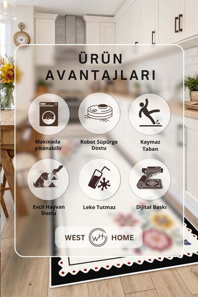 West Home Makinede Yıkanabilir Kaymaz Taban Leke Tutmaz Dijital Mutfak Halısı