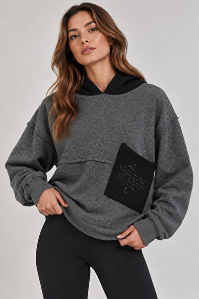Sortie Kadın Triko Kapüşonlu ve Cepli Pamuklu Sweatshirt Antrasit