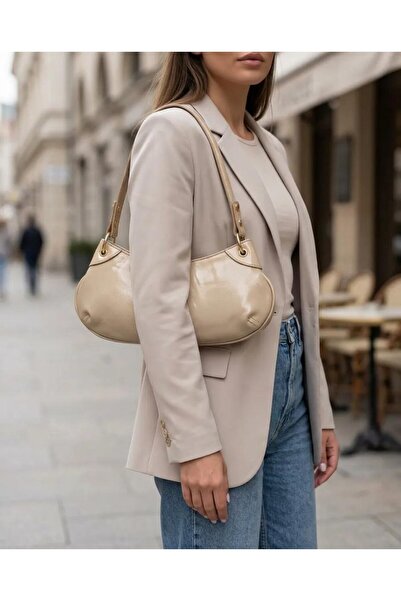 Generic Brand Soft Leather Gold Detailed Cream Shoulder Bag Women's Daily Sty...