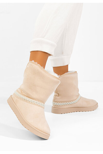 B T Shoes Γυναικείες γούνινες μπότες Αλούρα μπεζ