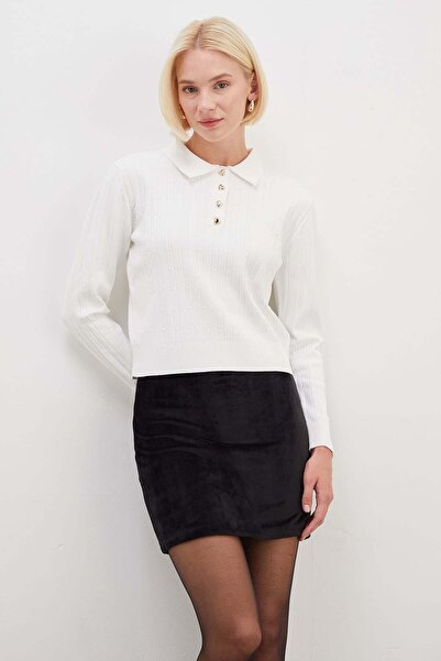 Fulla Moda Heart-Shaped Half Button Polo Collar Knit Sweater
