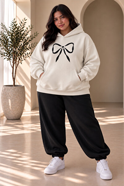 Rubonia Women's Plus Size Oversize Bowknot Printed Hooded 2-Piece Tracksuit S...
