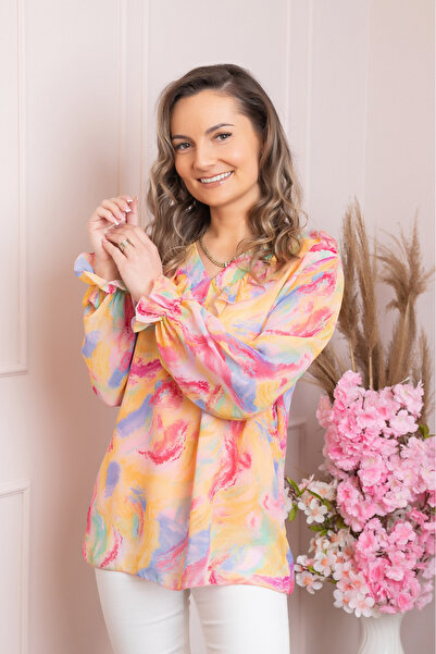 OEM Bluza Vivienne din voal cu volanase si imprimeuri abstracte galbene