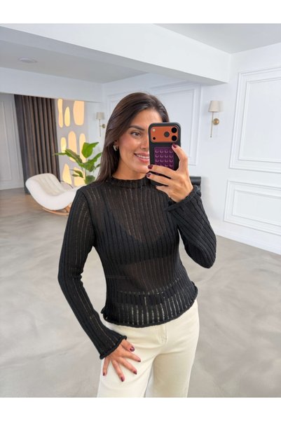 Elif Özbey Butik Siyah Uzun Kollu Transparan Örgü Triko